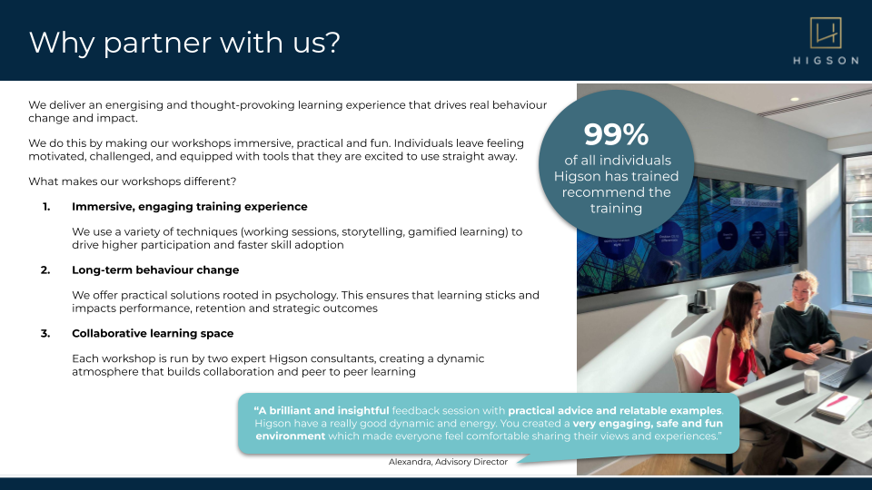 A revised slide of why you should partner with Higson with less text on why you should partner with Higson