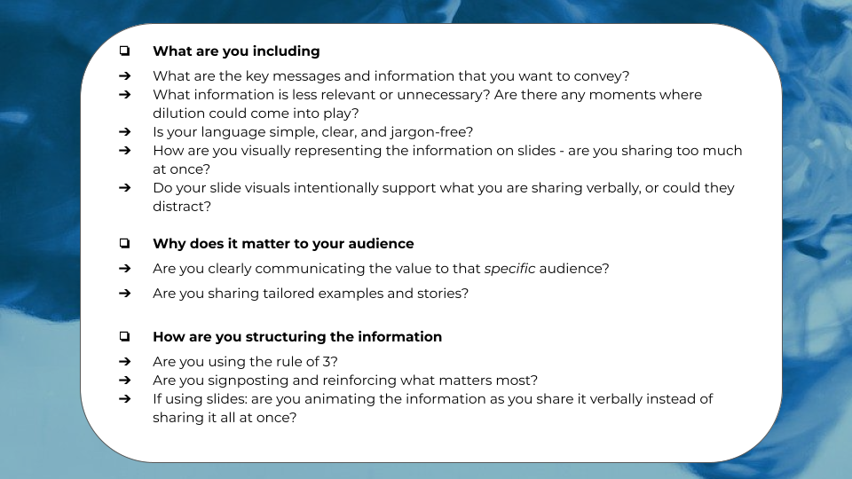 A checklist with different prompts to review your presentation or pitch against to minimise dilution