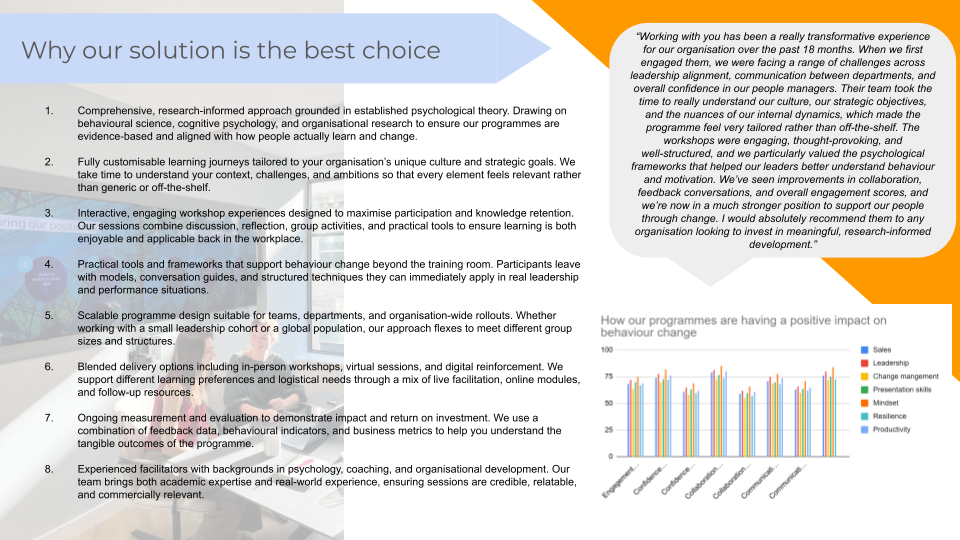 A slide with a lot of text and words and irrelevant visuals on why you should partner with Higson